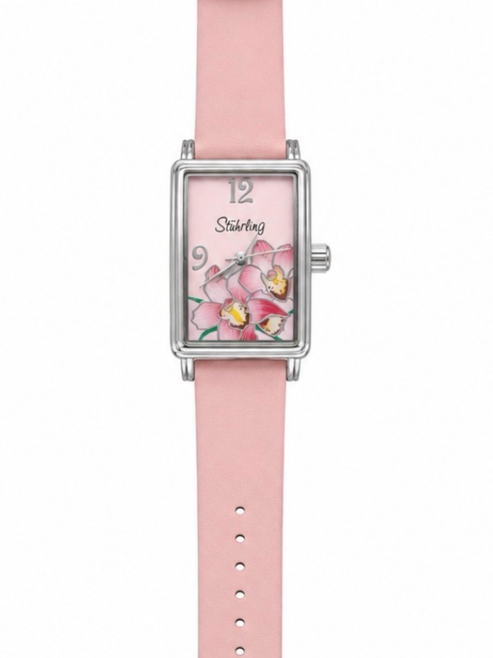 Stuhrling Original Pink Floral Rectangular Watch with Silver Case